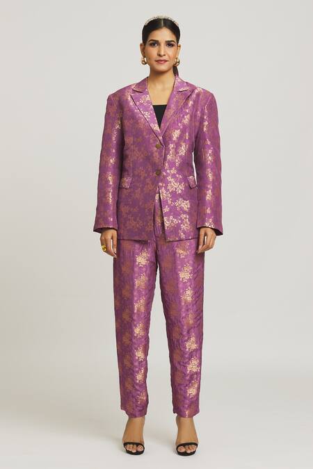 Peenacolada Purple Wool, Silk Woven Brocade Blazer And Pant Set Online at Aza Fashions Peenacolada_Purple Wool, Silk Woven Brocade Blazer And Pant Set _Online_at_Aza_Fashions