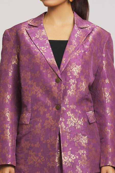 Shop Peenacolada Purple Wool, Silk Woven Brocade Blazer And Pant Set Online at Aza Fashions Shop_Peenacolada_Purple Wool, Silk Woven Brocade Blazer And Pant Set _Online_at_Aza_Fashions