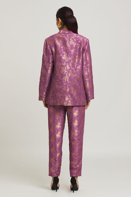 Shop Peenacolada Purple Wool, Silk Woven Brocade Blazer And Pant Set at Aza Fashions Shop_Peenacolada_Purple Wool, Silk Woven Brocade Blazer And Pant Set _at_Aza_Fashions