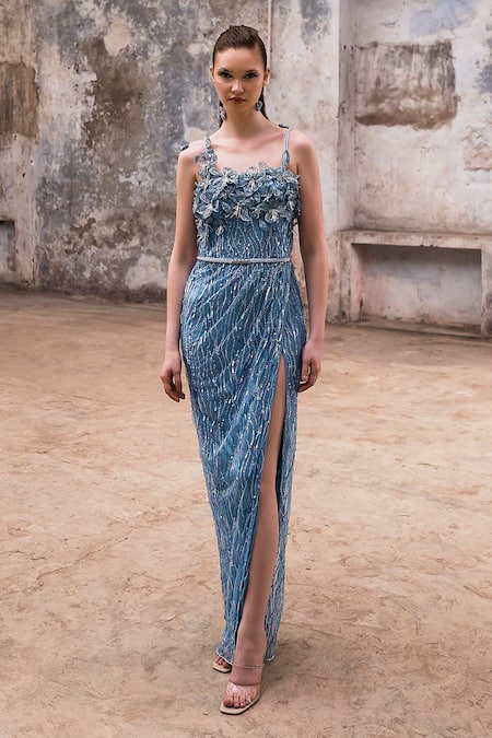 Shop_Pooja Peshoria_Blue Satin Embellished Sequins Square Neck 3d Floral Gown With Skirt _Online_at_Aza_Fashions