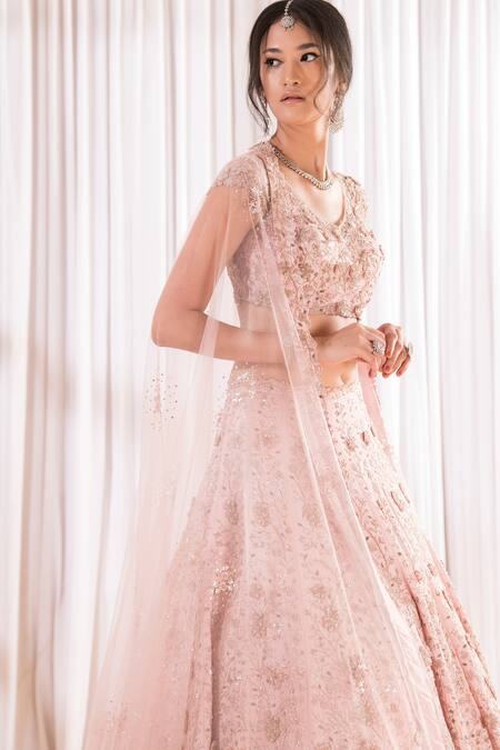 Pooja Peshoria_Pink Silk, Net Embroidery, Sequins V-neck 3d Floral Hand Bridal Lehenga Set _Online_at_Aza_Fashions