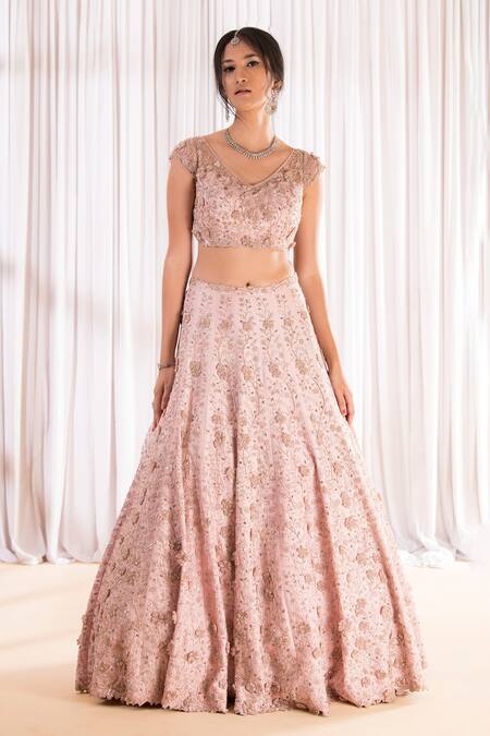 Buy_Pooja Peshoria_Pink Silk, Net Embroidery, Sequins V-neck 3d Floral Hand Bridal Lehenga Set _Online_at_Aza_Fashions