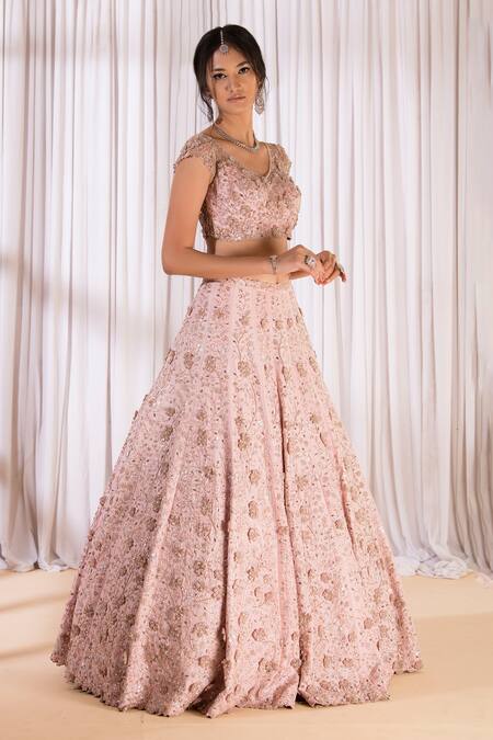 Shop_Pooja Peshoria_Pink Silk, Net Embroidery, Sequins V-neck 3d Floral Hand Bridal Lehenga Set _Online_at_Aza_Fashions
