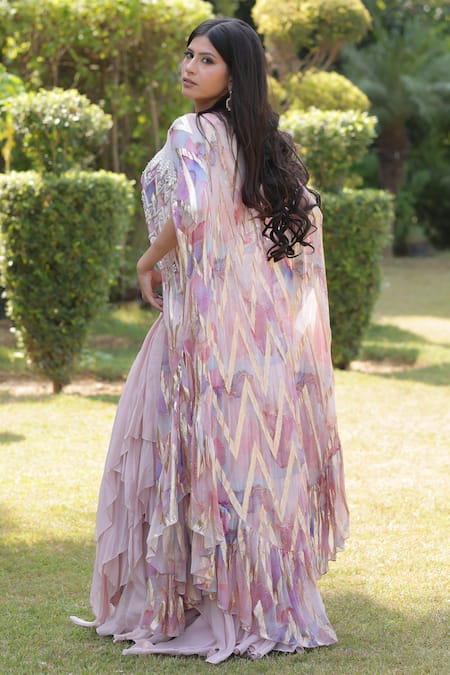 Shop_Akanksha Mago_Pink Georgette Pearls V-neck Flared Cape Skirt Set _at_Aza_Fashions