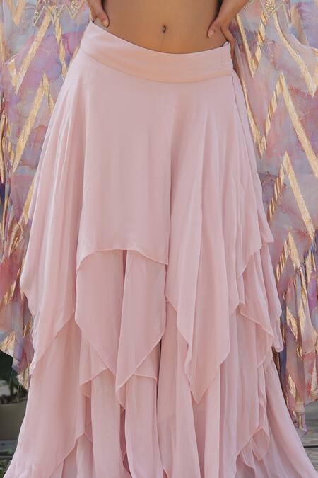 Akanksha Mago Pink Georgette Pearls V-neck Flared Cape Skirt Set Online at Aza Fashions Akanksha Mago_Pink Georgette Pearls V-neck Flared Cape Skirt Set _Online_at_Aza_Fashions