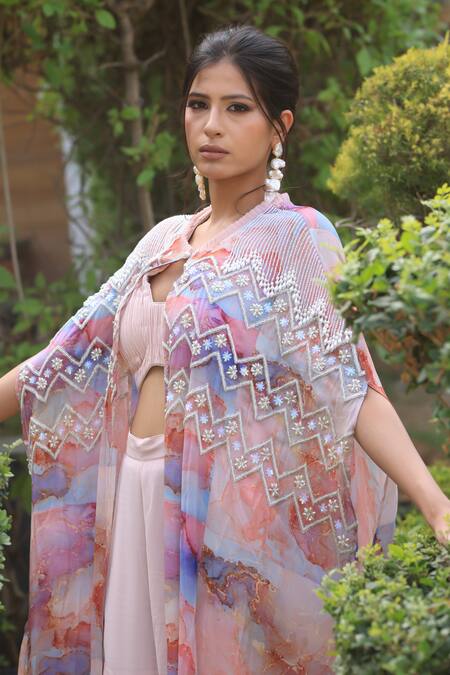 Akanksha Mago_Multi Color Georgette Pearls Round Neck Abstract Print Cape Gharara Set _Online_at_Aza_Fashions