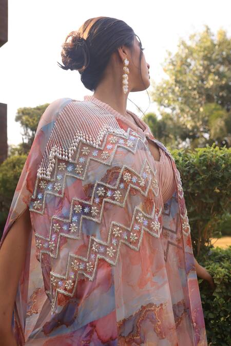 Buy_Akanksha Mago_Multi Color Georgette Pearls Round Neck Abstract Print Cape Gharara Set _Online_at_Aza_Fashions