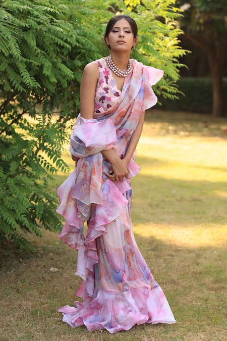 Akanksha Mago Abstract Print Ruffle Pre Draped Saree With Blouse 