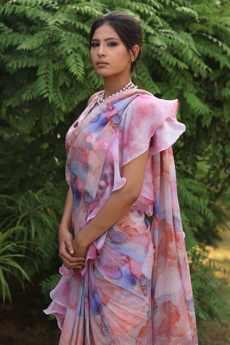 Akanksha Mago_Multi Color Organza, Abstract Print Ruffle Pre Draped Saree With Blouse _Online_at_Aza_Fashions