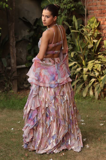 Akanksha Mago Foil Print Ruffle Skirt Blouse Set 