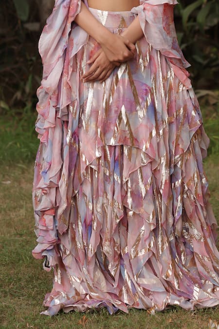 Akanksha Mago_Multi Color Georgette Embroidery, Foil Printing Halter Ruffle Skirt Blouse Set _Online_at_Aza_Fashions