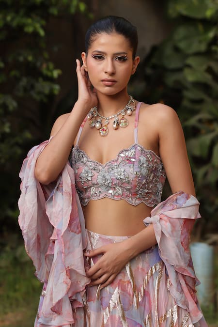 Buy_Akanksha Mago_Multi Color Georgette Embroidery, Foil Printing Halter Ruffle Skirt Blouse Set _Online_at_Aza_Fashions