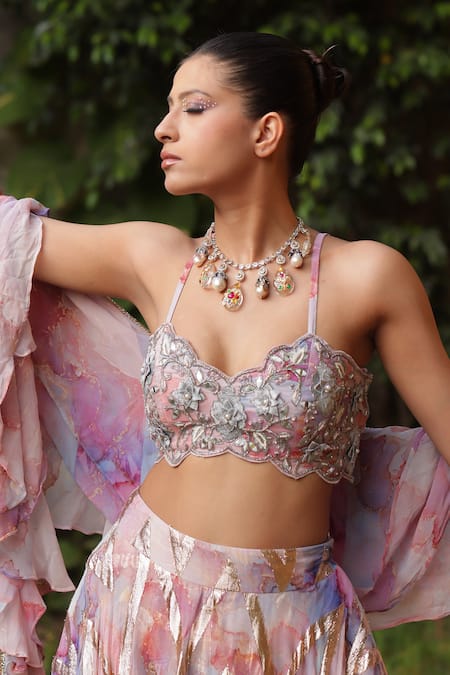 Shop_Akanksha Mago_Multi Color Georgette Embroidery, Foil Printing Halter Ruffle Skirt Blouse Set _Online_at_Aza_Fashions