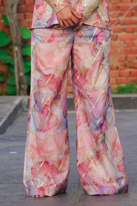 Buy_Akanksha Mago_Multi Color Chanderi Silk V-neck Abstract Print Top With Pant _Online_at_Aza_Fashions