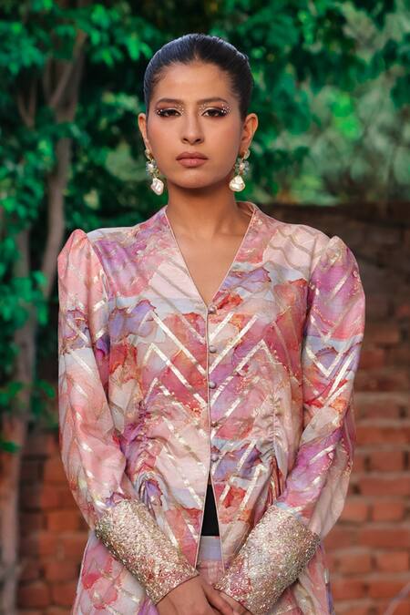 Shop_Akanksha Mago_Multi Color Chanderi Silk V-neck Abstract Print Top With Pant _Online_at_Aza_Fashions