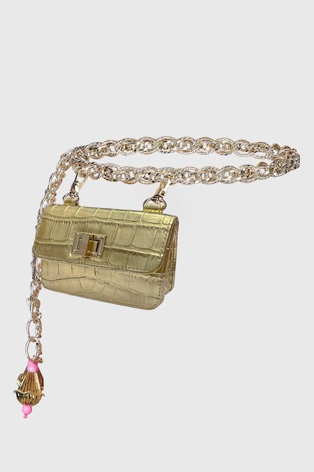 Shop Papa Don't Preach Accessories Gold Embroidery Textured Chain Link Belt Bag at Aza Fashions Shop_Papa Don't Preach Accessories_Gold Embroidery Textured Chain Link Belt Bag _at_Aza_Fashions