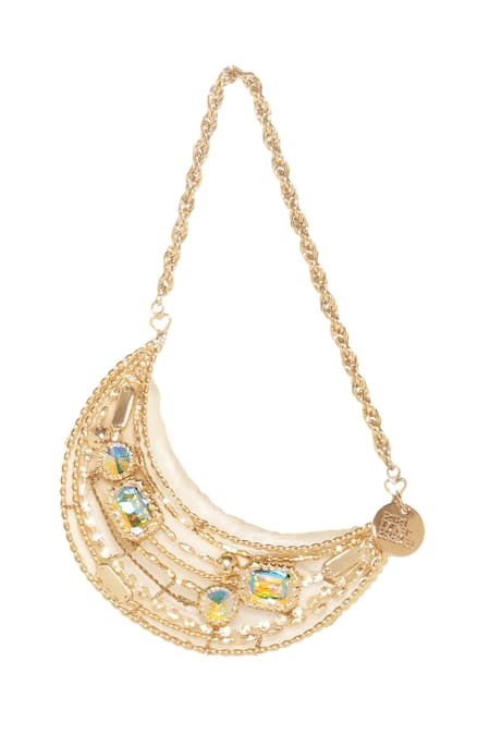 Shop Papa Don't Preach Accessories Gold Crystals Moonshine Embellished Bag at Aza Fashions Shop_Papa Don't Preach Accessories_Gold Crystals Moonshine Embellished Bag _at_Aza_Fashions