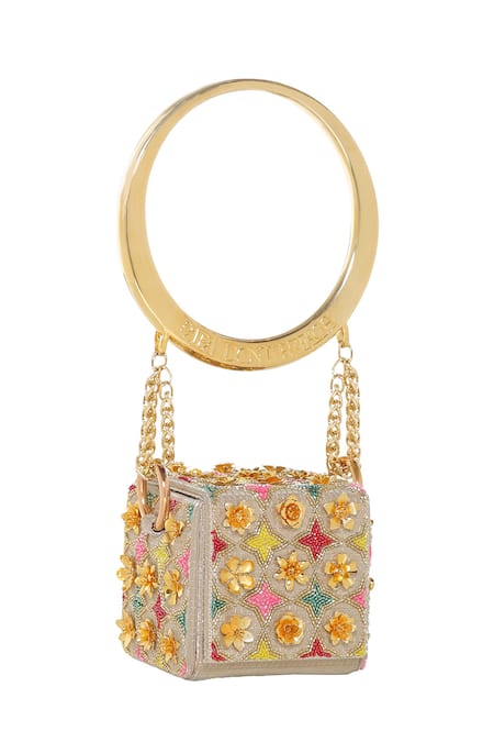 Shop Papa Don't Preach Accessories Gold Embroidery, Beads Floral Mini Cube Bag at Aza Fashions Shop_Papa Don't Preach Accessories_Gold Embroidery, Beads Floral Mini Cube Bag _at_Aza_Fashions