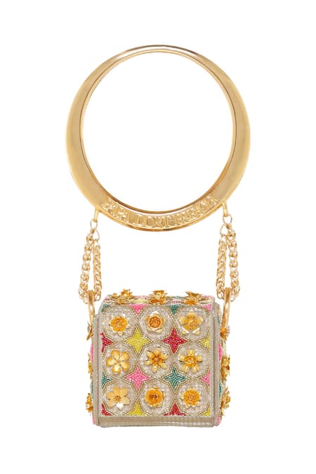 Papa Don't Preach Accessories Gold Embroidery, Beads Floral Mini Cube Bag Online at Aza Fashions Papa Don't Preach Accessories_Gold Embroidery, Beads Floral Mini Cube Bag _Online_at_Aza_Fashions