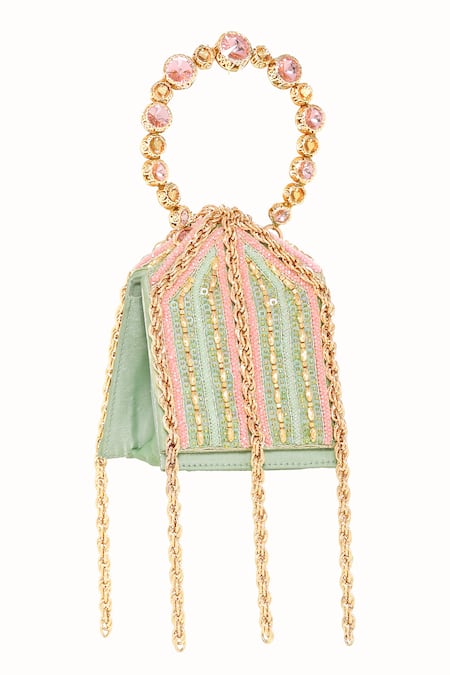 Shop Papa Don't Preach Accessories Green Beads, Sequins, Chains Embellished Mini Bag With Metal Handle at Aza Fashions Shop_Papa Don't Preach Accessories_Green Beads, Sequins, Chains Embellished Mini Bag With Metal Handle _at_Aza_Fashions