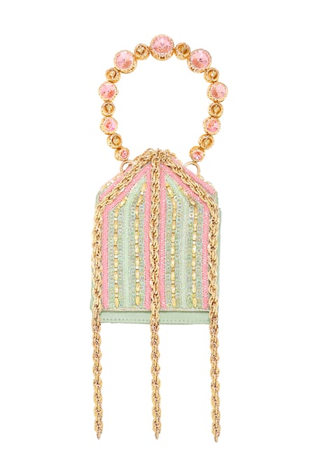 Papa Don't Preach Accessories Green Beads, Sequins, Chains Embellished Mini Bag With Metal Handle Online at Aza Fashions Papa Don't Preach Accessories_Green Beads, Sequins, Chains Embellished Mini Bag With Metal Handle _Online_at_Aza_Fashions