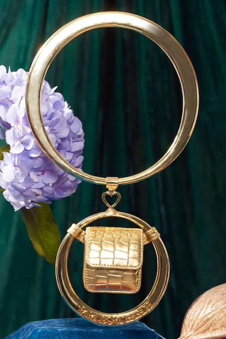 Shop Papa Don't Preach Accessories Gold Double Spidey Faux Leather Hand Bag at Aza Fashions Shop_Papa Don't Preach Accessories_Gold Double Spidey Faux Leather Hand Bag _at_Aza_Fashions