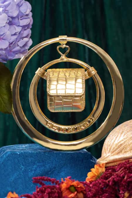 Shop Papa Don't Preach Accessories Gold Double Spidey Faux Leather Hand Bag Online at Aza Fashions Shop_Papa Don't Preach Accessories_Gold Double Spidey Faux Leather Hand Bag _Online_at_Aza_Fashions