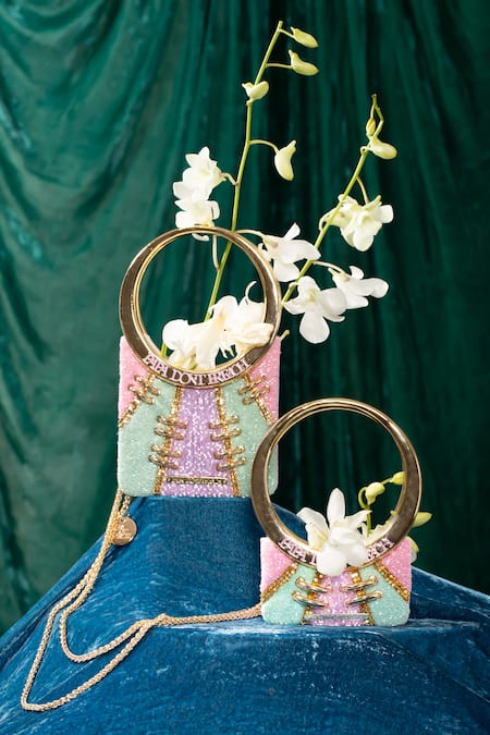 Shop Papa Don't Preach Accessories Pink Embroidery, Metallic Thread Hand Color Block Mini Bag at Aza Fashions Shop_Papa Don't Preach Accessories_Pink Embroidery, Metallic Thread Hand Color Block Mini Bag _at_Aza_Fashions
