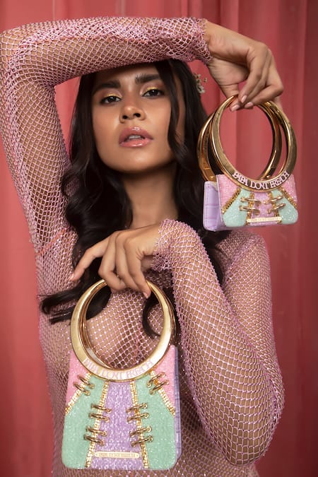 Papa Don't Preach Accessories Pink Embroidery, Metallic Thread Hand Color Block Mini Bag Online at Aza Fashions Papa Don't Preach Accessories_Pink Embroidery, Metallic Thread Hand Color Block Mini Bag _Online_at_Aza_Fashions