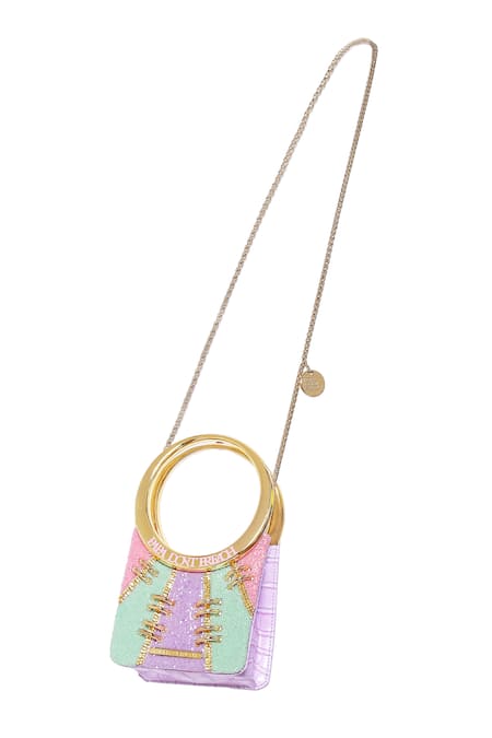 Shop Papa Don't Preach Accessories Pink Embroidery, Metallic Thread Hand Color Block Mini Bag at Aza Fashions Shop_Papa Don't Preach Accessories_Pink Embroidery, Metallic Thread Hand Color Block Mini Bag _at_Aza_Fashions
