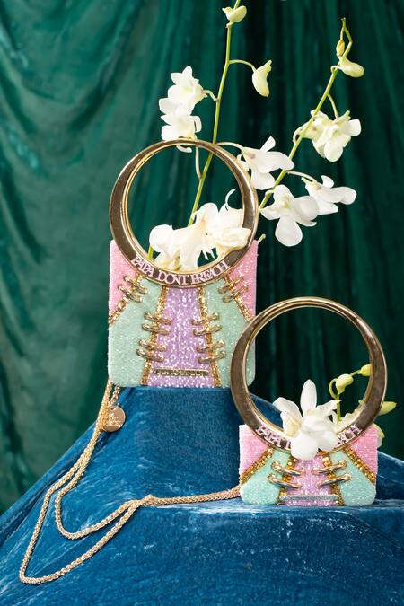Buy Papa Don't Preach Accessories Pink Embroidery, Metallic Thread Hand Color Block Mini Bag Online at Aza Fashions Buy_Papa Don't Preach Accessories_Pink Embroidery, Metallic Thread Hand Color Block Mini Bag _Online_at_Aza_Fashions