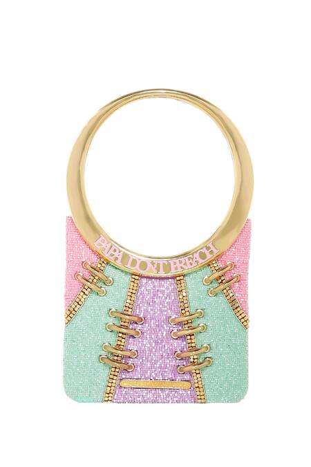 Shop Papa Don't Preach Accessories Pink Embroidery, Metallic Thread Hand Color Block Mini Bag Online at Aza Fashions Shop_Papa Don't Preach Accessories_Pink Embroidery, Metallic Thread Hand Color Block Mini Bag _Online_at_Aza_Fashions