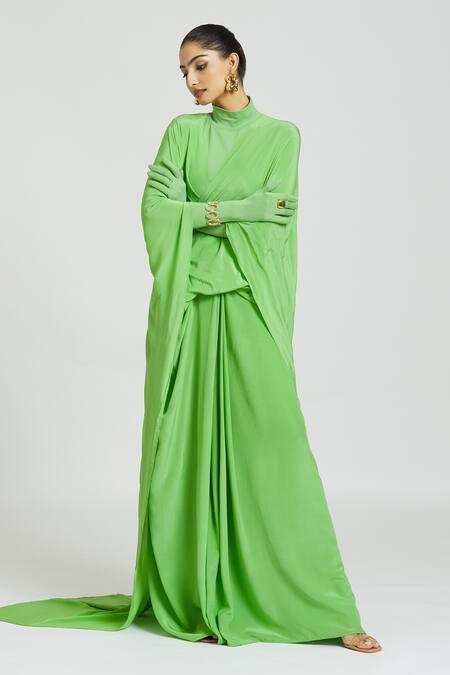 Buy Huemn Green Silk, Crepe Overlapping Pallu Pant Saree Online at Aza Fashions Buy_Huemn_Green Silk, Crepe Overlapping Pallu Pant Saree _Online_at_Aza_Fashions