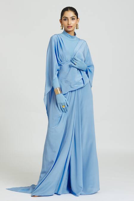 Huemn Blue Silk Cross Drape Pallu Pant Saree Online at Aza Fashions Huemn_Blue Silk Cross Drape Pallu Pant Saree _Online_at_Aza_Fashions