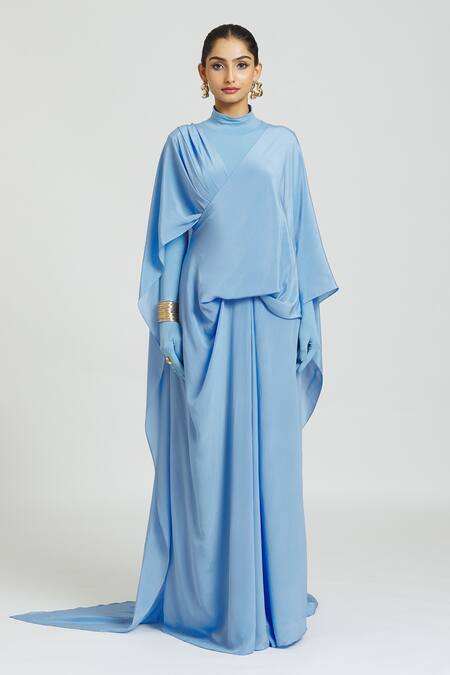 Huemn Blue Silk Cross Drape Pallu Pant Saree at Aza Fashions Huemn_Blue Silk Cross Drape Pallu Pant Saree _at_Aza_Fashions