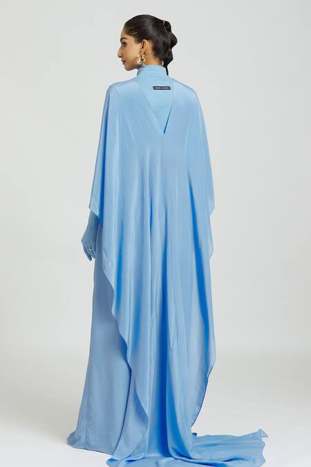 Shop Huemn Blue Silk Cross Drape Pallu Pant Saree at Aza Fashions Shop_Huemn_Blue Silk Cross Drape Pallu Pant Saree _at_Aza_Fashions