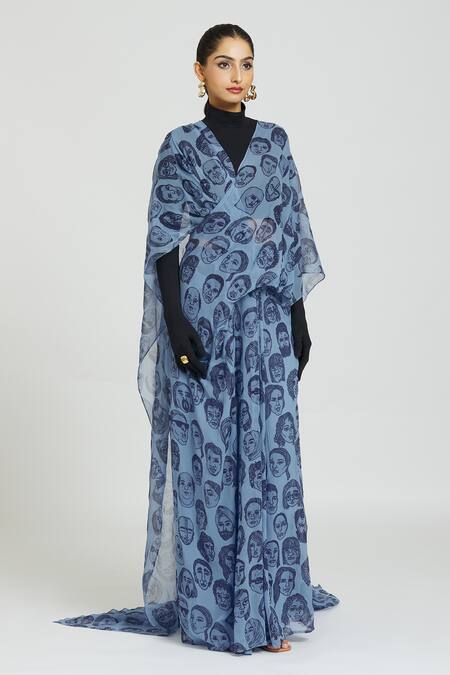 Huemn Blue Silk Face Print Pant Saree Online at Aza Fashions Huemn_Blue Silk Face Print Pant Saree _Online_at_Aza_Fashions