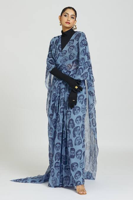 Buy Huemn Blue Silk Face Print Pant Saree Online at Aza Fashions Buy_Huemn_Blue Silk Face Print Pant Saree _Online_at_Aza_Fashions