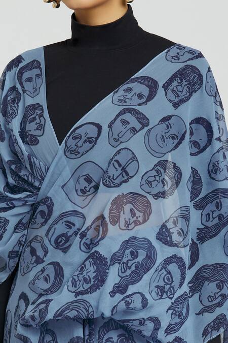 Shop Huemn Blue Silk Face Print Pant Saree Online at Aza Fashions Shop_Huemn_Blue Silk Face Print Pant Saree _Online_at_Aza_Fashions