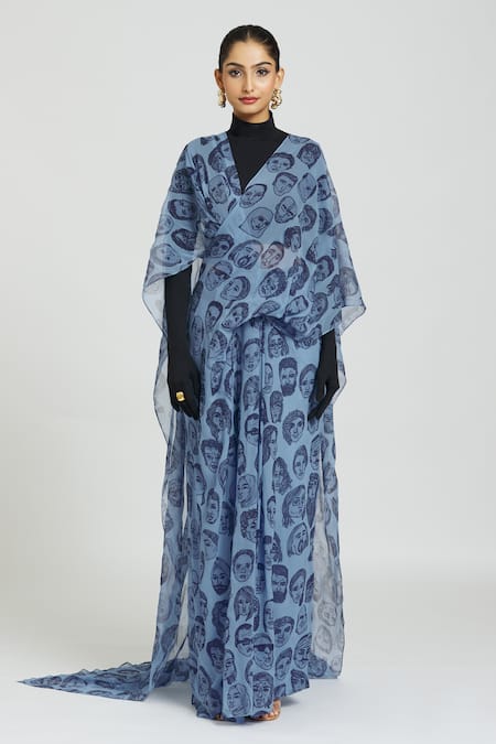 Huemn Blue Silk Face Print Pant Saree at Aza Fashions Huemn_Blue Silk Face Print Pant Saree _at_Aza_Fashions