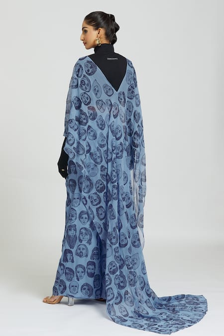 Shop Huemn Blue Silk Face Print Pant Saree at Aza Fashions Shop_Huemn_Blue Silk Face Print Pant Saree _at_Aza_Fashions