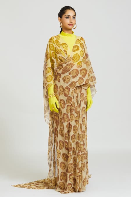 Huemn Beige Silk, Georgette V-neck Face Mania Print Pant Saree Online at Aza Fashions Huemn_Beige Silk, Georgette V-neck Face Mania Print Pant Saree _Online_at_Aza_Fashions