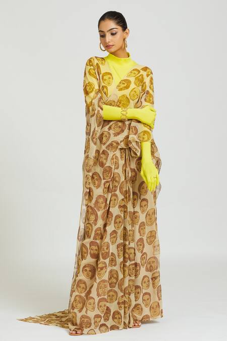 Buy Huemn Beige Silk, Georgette V-neck Face Mania Print Pant Saree Online at Aza Fashions Buy_Huemn_Beige Silk, Georgette V-neck Face Mania Print Pant Saree _Online_at_Aza_Fashions