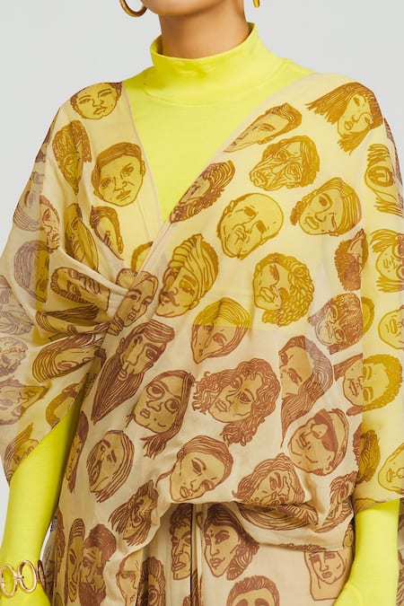 Shop Huemn Beige Silk, Georgette V-neck Face Mania Print Pant Saree Online at Aza Fashions Shop_Huemn_Beige Silk, Georgette V-neck Face Mania Print Pant Saree _Online_at_Aza_Fashions