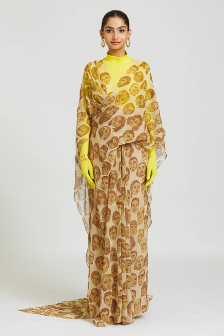 Huemn Beige Silk, Georgette V-neck Face Mania Print Pant Saree at Aza Fashions Huemn_Beige Silk, Georgette V-neck Face Mania Print Pant Saree _at_Aza_Fashions