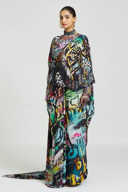 Huemn Multi Color Silk Graffiti Print Pant Saree Online at Aza Fashions Huemn_Multi Color Silk Graffiti Print Pant Saree _Online_at_Aza_Fashions