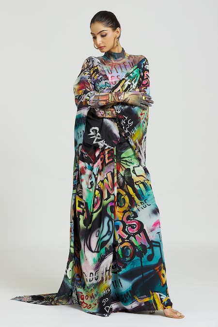 Buy Huemn Multi Color Silk Graffiti Print Pant Saree Online at Aza Fashions Buy_Huemn_Multi Color Silk Graffiti Print Pant Saree _Online_at_Aza_Fashions