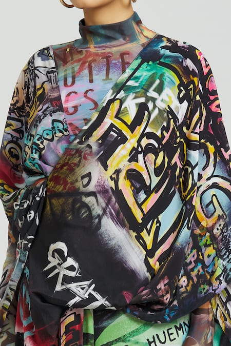 Shop Huemn Multi Color Silk Graffiti Print Pant Saree Online at Aza Fashions Shop_Huemn_Multi Color Silk Graffiti Print Pant Saree _Online_at_Aza_Fashions