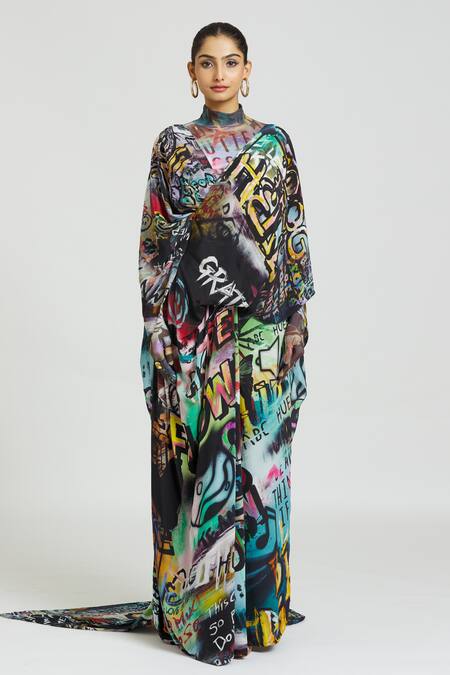 Huemn Multi Color Silk Graffiti Print Pant Saree at Aza Fashions Huemn_Multi Color Silk Graffiti Print Pant Saree _at_Aza_Fashions