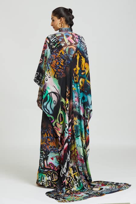 Shop Huemn Multi Color Silk Graffiti Print Pant Saree at Aza Fashions Shop_Huemn_Multi Color Silk Graffiti Print Pant Saree _at_Aza_Fashions